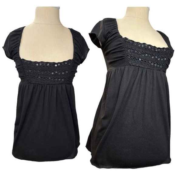 Sugar Tart Square Neck Crochet Sequin Sexy Bridgerton Black Top Size Small - Picture 1 of 11